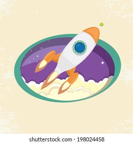 vintage style retro poster illustration of Space rocket in space. vector illustration