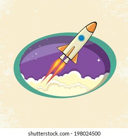 vintage style retro poster illustration of Space rocket in space. vector illustration