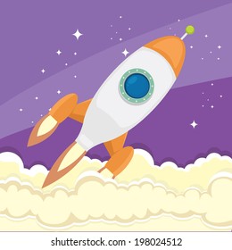 vintage style retro poster illustration of Space rocket in space. vector illustration