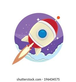 vintage style retro poster of Space rocket in space. vector illustration