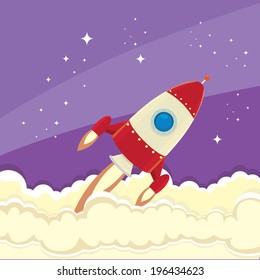 vintage style retro poster of Space rocket in space. vector illustration