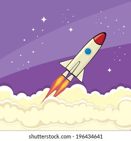vintage style retro poster of Space rocket in space. vector illustration
