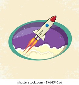 vintage style retro poster of Space rocket in space. vector illustration