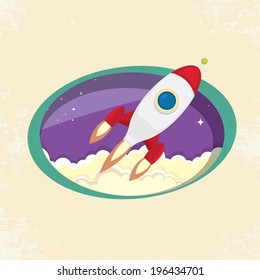 vintage style retro poster of Space rocket in space. vector illustration
