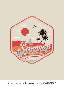 Vintage style retro summer t shirt design with palm trees and beach