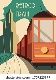 Vintage style retro train poster or card design with an old-fashioned engine with carriages on a journey, vector illustration