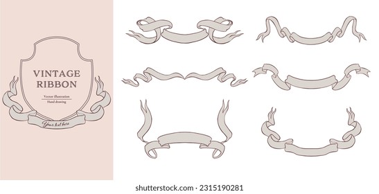 Vintage style ribbon vector illustration set. Hand drawn line art for wedding design. 