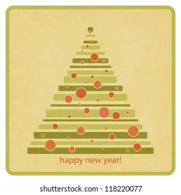 vintage style royalty free illustration of evergreen tree with red balls with greetings