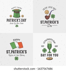 Vintage Style Saint Patricks Day Logo or Label Templates Set. Hand Drawn Leprechauns Hat with Coins, Beer, Flag and Shamrock Leaves Sketches with Retro Typography. Shabby Texture Background. Isolated.