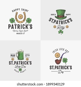 Vintage Style Saint Patricks Day Logos or Labels Templates Set. Hand Drawn Leprechauns Hat, Coins, Beer, Pipe and Shamrock Leaves Sketches with Retro Typography. Shabby Texture Background. Isolated.