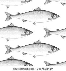 Vintage Style Salmon Seamless Pattern. Vector Hand Drawn Fish Background. High Quality Old Fashion Illustration