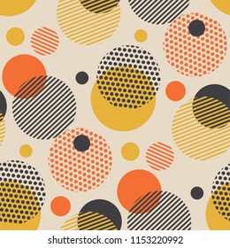 Vintage style scattered circle geometry seamless pattern. Vector illustration surface design for print and web. Fun and dynamic repeatable fabric sample.
