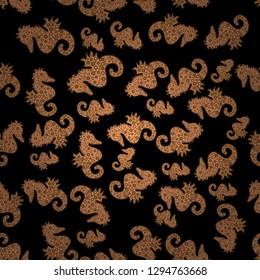 In vintage style. Sea Horse. Abstract seamless pattern for wallpaper, clothes, boys, girls. Pictures in orange, black and brown colors. Vector illustration.