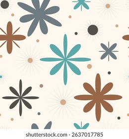 Vintage Style Seamless Background with Abstract Flowers.Seamless vector pattern with retro floral shapes and starburst accents in muted background, fabric, wallpaper, wrapping paper, digital prints