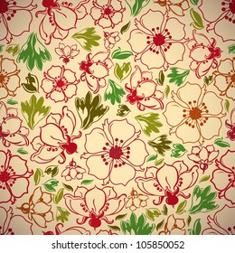 Vintage style seamless background with flowers and leaves, perfect vector wallpaper or web background pattern.