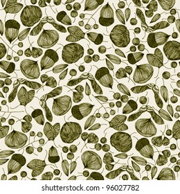 Vintage style seamless background with oak, maple, chestnut, beech and hornbeam seeds, seamless pattern, elements easy to use separately.