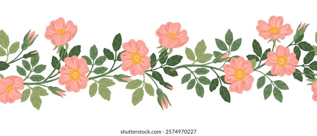 Vintage style seamless border with pink briar rose flowers. Romantic vector floral frame for wedding invitation or greeting cards. Beautiful rose hip branches garland