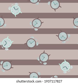 Patrón de doodle sin fisuras de estilo vintage con elementos aleatorios de reloj de alarma azul. Fondo rayado marrón pálido. Ideal para el diseño de tela, impresión textil, envoltura, cubierta. Ilustración vectorial.