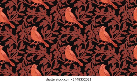 Vintage style seamless pattern with Floral wreath and birds for retro wallpapers. Enchanted Vintage Flowers. Arts and Crafts movement inspired. Design for wrapping paper, wallpaper, fabrics