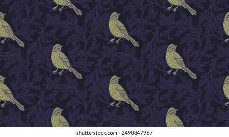 Vintage style seamless pattern with Floral wreath and birds for retro wallpapers. Enchanted Vintage Flowers. Arts and Crafts movement inspired. Design for wrapping paper, wallpaper