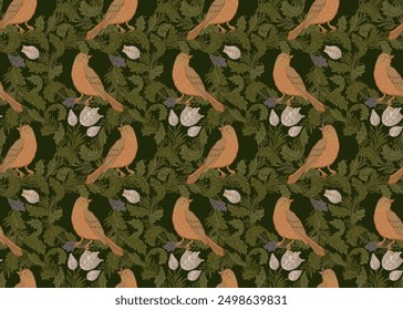 Vintage style seamless pattern with Floral wreath and birds for retro wallpapers. Enchanted Vintage Flowers. Arts and Crafts movement inspired. Design for wrapping paper, wallpaper