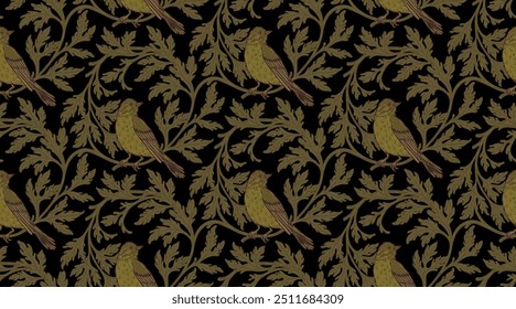Vintage style seamless pattern with Floral wreath and birds for retro wallpapers. Enchanted Vintage Flowers. Arts and Crafts movement inspired. Design for wrapping paper, wallpaper