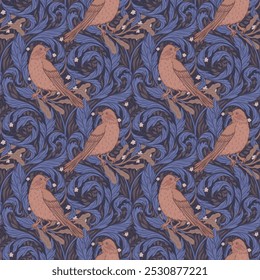 Vintage style seamless pattern with Floral wreath and birds for retro wallpapers. Enchanted Vintage Flowers. Arts and Crafts movement inspired. Design for wrapping paper, wallpaper,