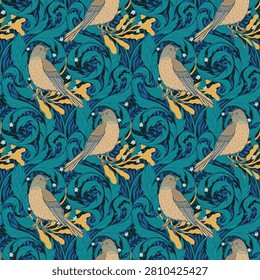 Vintage style seamless pattern with Floral wreath and birds for retro wallpapers. Enchanted Vintage Flowers. Arts and Crafts movement inspired. Design for wrapping paper, wallpaper, fabrics