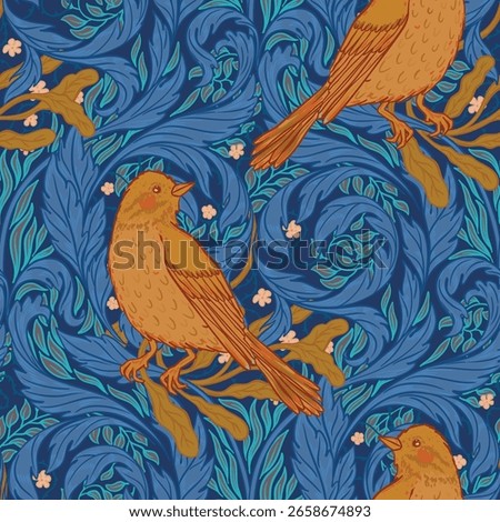 Vintage style seamless pattern Floral wreath and birds for retro wallpapers. Enchanted Vintage Flowers. Arts and Crafts movement inspired. Design wrapping paper, wallpaper, fabrics fashion clothes. 