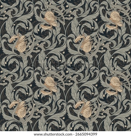 Vintage style seamless pattern with Floral wreath and birds for retro wallpapers. Enchanted Vintage Flowers.  Arts and Crafts movement inspired. Design for wrapping paper, fabrics and fashion clothes.