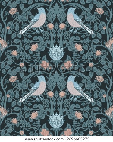 Vintage style seamless pattern with Floral wreath and birds for retro wallpapers. Enchanted Vintage Flowers. Arts and Crafts movement inspired. Design for wrapping paper, wallpaper, fabric.