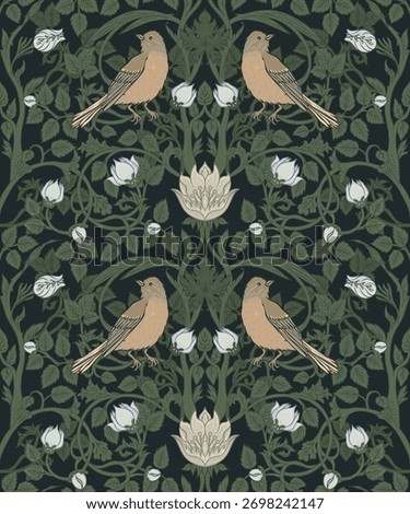 Vintage style seamless pattern with Floral wreath and birds for retro wallpapers. Enchanted Vintage Flowers. Arts and Crafts movement inspired. Design for wrapping paper, wallpaper, fabric.