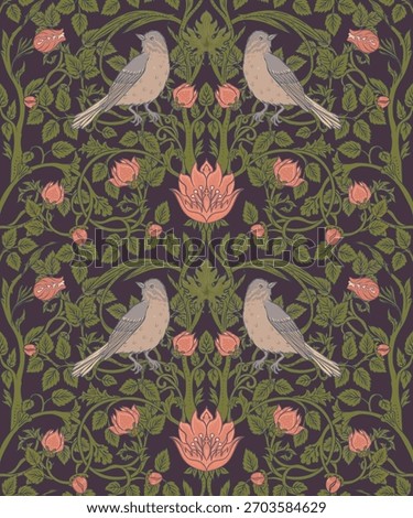 Vintage style seamless pattern with Floral wreath and birds for retro wallpapers. Enchanted Vintage Flowers.  Arts and Crafts movement inspired. Design for wrapping paper, wallpaper, fabrics.