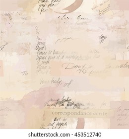 Vintage style seamless pattern with fragments of letters and old paper textures; visible text includes 'written correspondence' in French and 'ticket number' in Spanish; scalable vector background