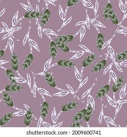 Vintage style seamless pattern with green random ear of wheat elements. Pastel purple background. Graphic design for wrapping paper and fabric textures. Vector Illustration.