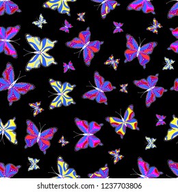 In vintage style. Seamless pattern of Hand Drawn silhouette butterflies with watercolor texture. Vector illustration. Illustration in black, blue and purple colors.