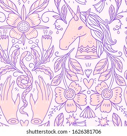 vintage style seamless pattern, hand drawn vintage elements, female hands and abstract snakes, beautiful unicorns, hand drawn vector pattern