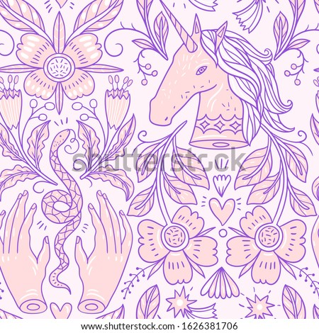 vintage style seamless pattern, hand drawn vintage elements, female hands and abstract snakes, beautiful unicorns, hand drawn vector pattern
