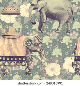Vintage-Stil nahtlose Muster mit indischen Elefanten. Vektorgrafik. Handgezeichnet.