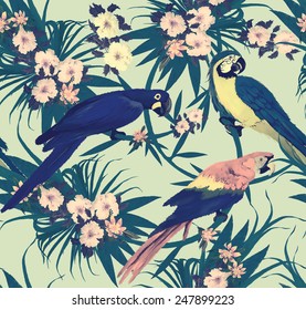 Vintage-Stil nahtlose Muster mit Makaws und Blumen. Vektorgrafik. Handgezeichnet.