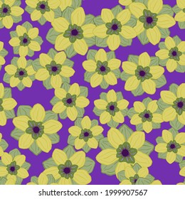 Estilo vintage sin fisuras con elementos florales de anémona verde aleatorio. Fondo violeta brillante. Ilustración bursátil. Diseño vectorial para textiles, tela, giftwrap, papel pintado.
