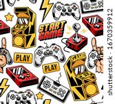 Vintage style seamless pattern with retro arcade machines, old game controller, modern and old joysticks and game inscriptions. Vector print design illustration for textile, apparel, t-shirt, poster.