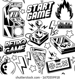 Vintage style seamless pattern with retro arcade machine, old game controller, retro 8 bit game joystick and game inscriptions. Vector print design illustration for textile, apparel, t-shirt, poster.