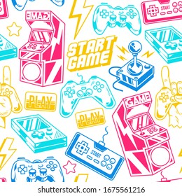 
Vintage style seamless pattern with retro arcade machines, old game controller, modern and old joysticks and game inscriptions. Vector print design illustration for textile, apparel, t-shirt, poster.