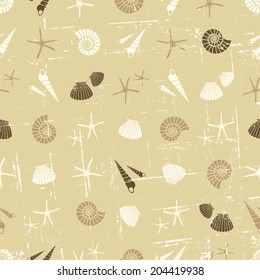 Vintage style seamless pattern with seashells in beige, brown and white.