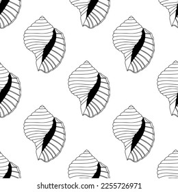 Vintage style seamless pattern with seashells. Linear hand drawn elements. Bohemian line art simple minimalist texture for fabric, textile, paper. Elegant outline vector surface. Wildlife concept