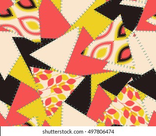 vintage style seamless pattern, with stitched textile triangles in black, red, and yellow shades