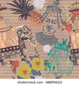 Vintage style seamless pattern with stripes, indian elephant, flowers, pineapple, sketches of Buddha and elephant. Drawn in vector.
