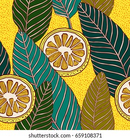 Vintage style seamless pattern, tropical fruits and leaves. Textile design.