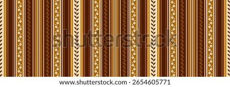 Vintage style seamless pattern with vertical stripes of flowers, leaves and wavy lines brown, cream and gold warm colors. Vector illustration striped background for your textile or designs